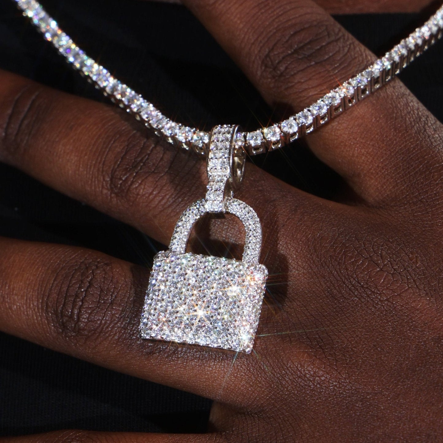 925 Silver Moissanite Padlock Pendant White Gold