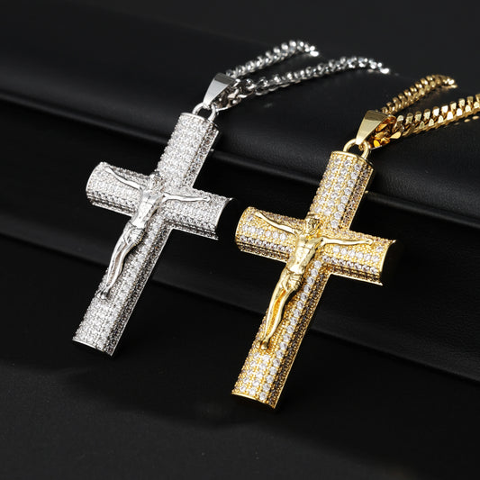 HEY ICE 14K Gold-Plated Cuban Figaro Chain necklace with Jesus Christ Crucifix, 24’’long and 6mm wide