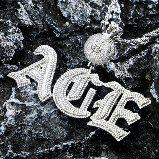 Custom Iced Baguette Old English Pendant White Gold
