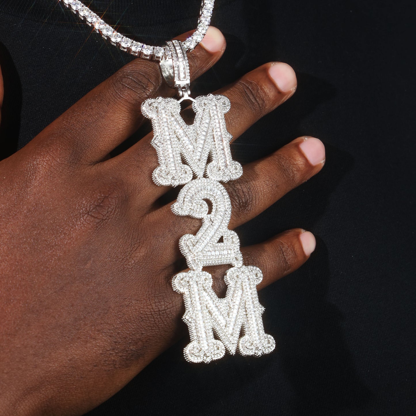 Custom Baguette Letter Pendant Chain White Gold