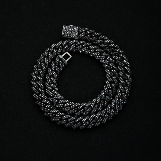 12MM 925 Silver Moissanite Prong Cuban Link Chain Black Gold