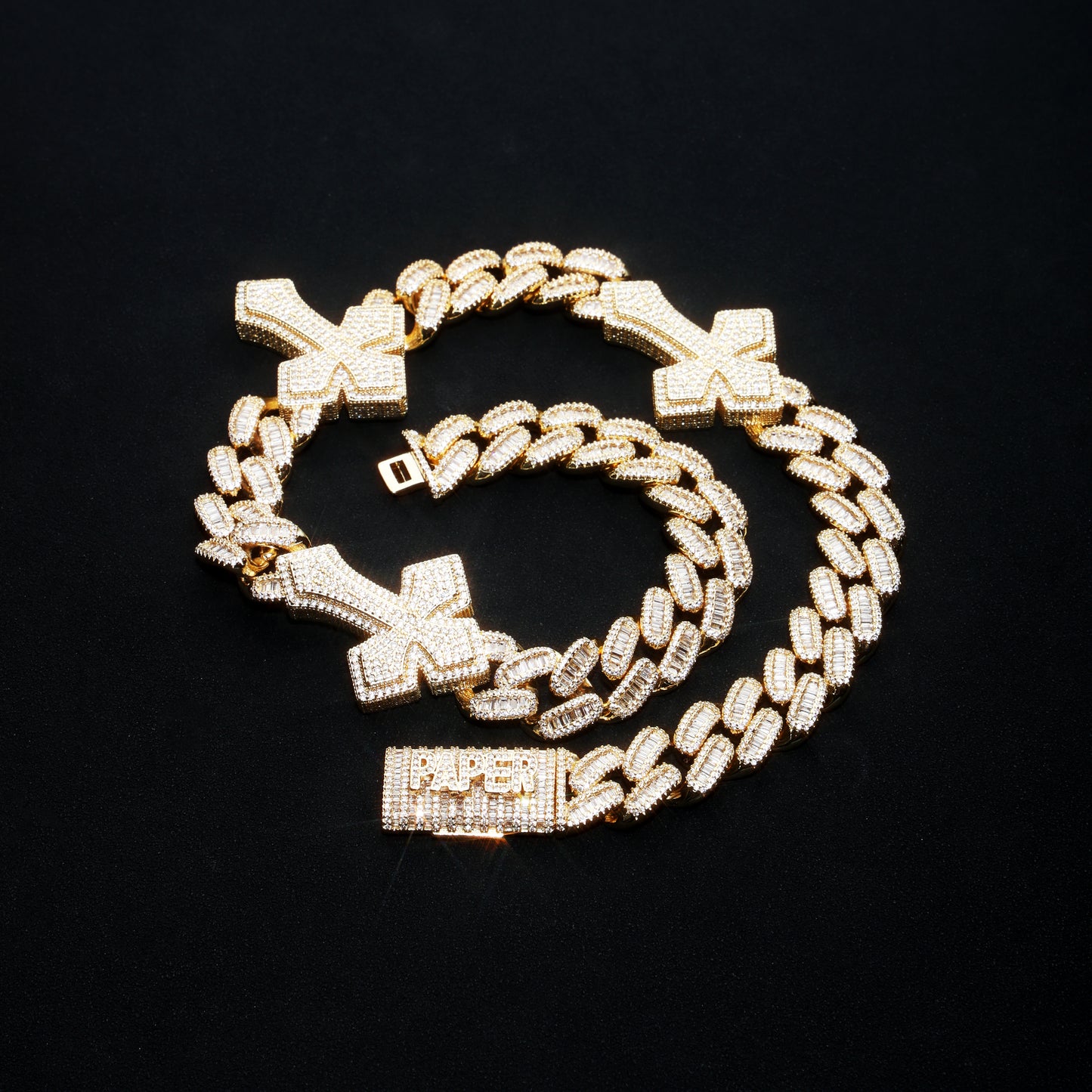 Custom 16MM Baguette Cross Miami Cuban Llink Name Chain 18K Gold
