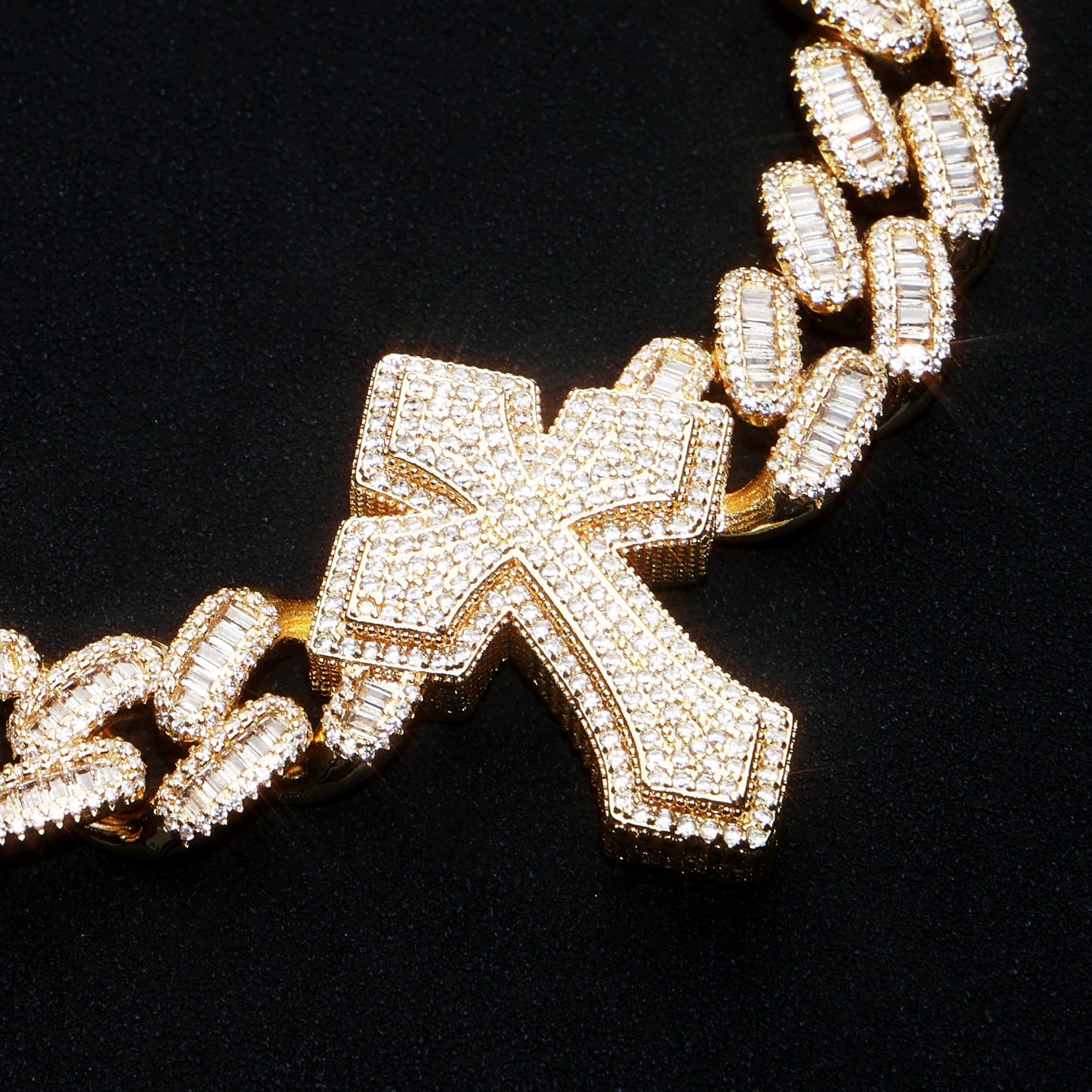 Custom 16MM Baguette Cross Miami Cuban Llink Name Chain 18K Gold