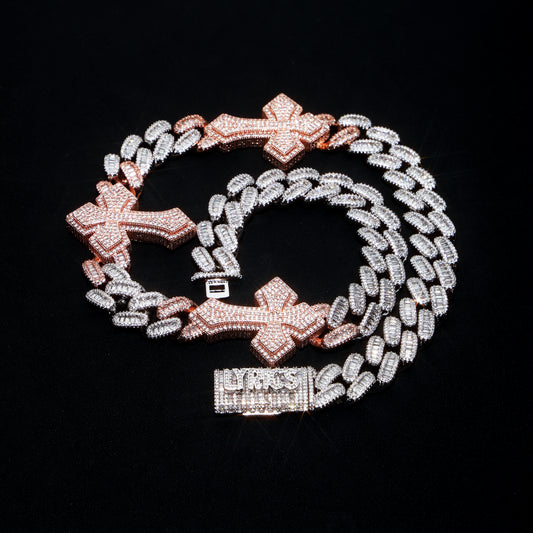 Custom 16MM Baguette Cross Miami Cuban Llink Name Chain Rose Gold