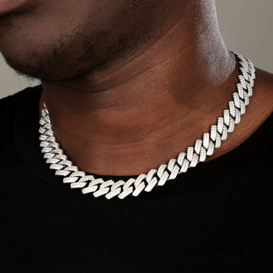 14MM 925 Silver Moissanite Prong Cuban Link Chain White Gold