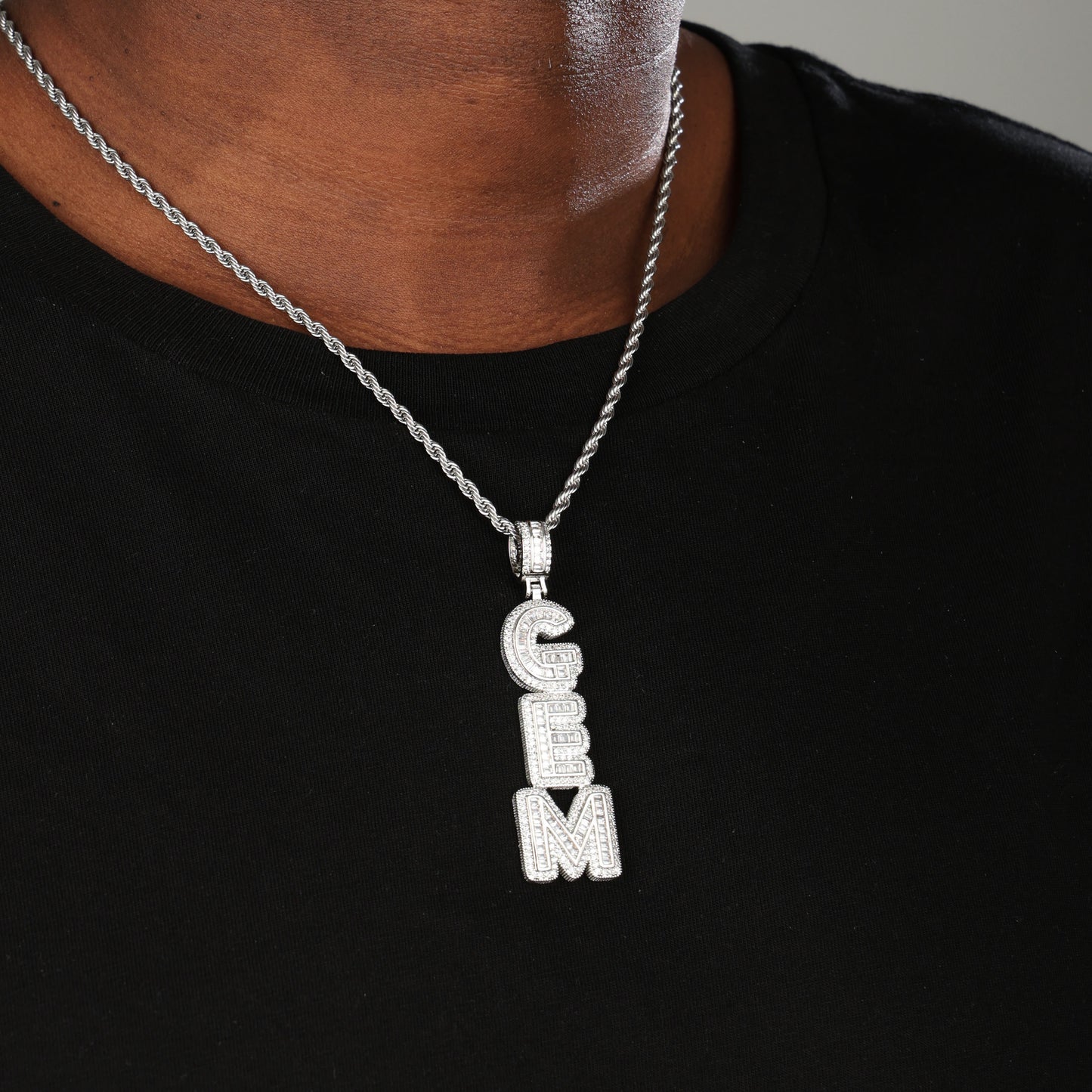 Iced Custom Baguette Letter Name Pendant White Gold
