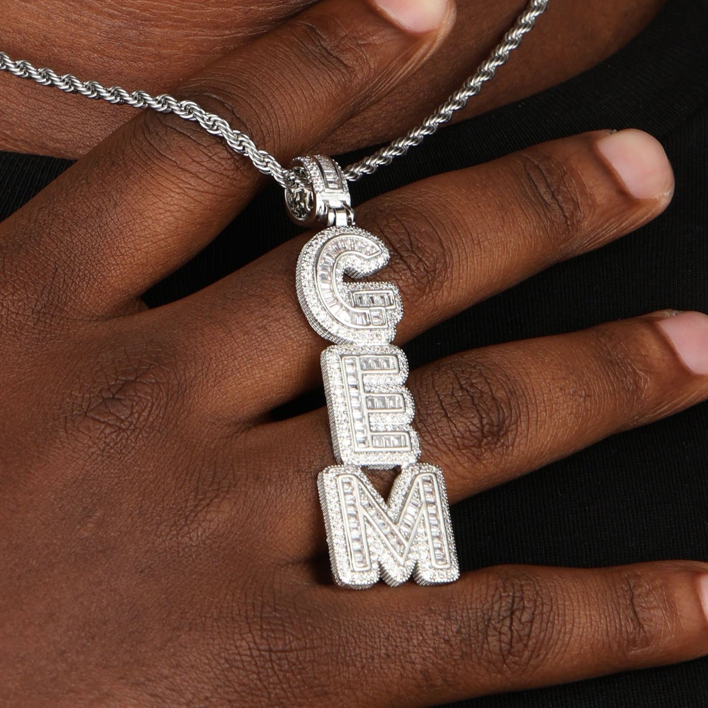 Iced Custom Baguette Letter Name Pendant White Gold
