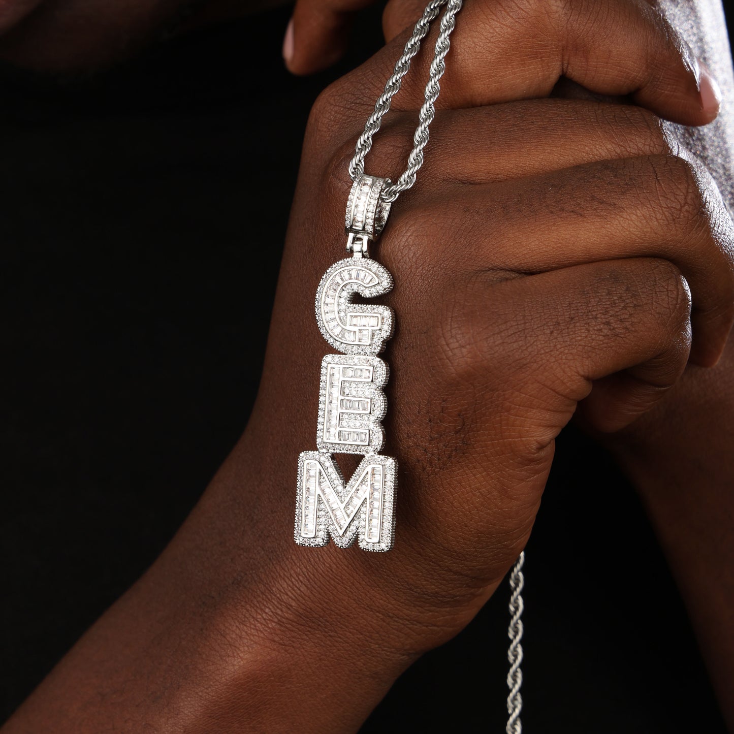 Iced Custom Baguette Letter Name Pendant White Gold