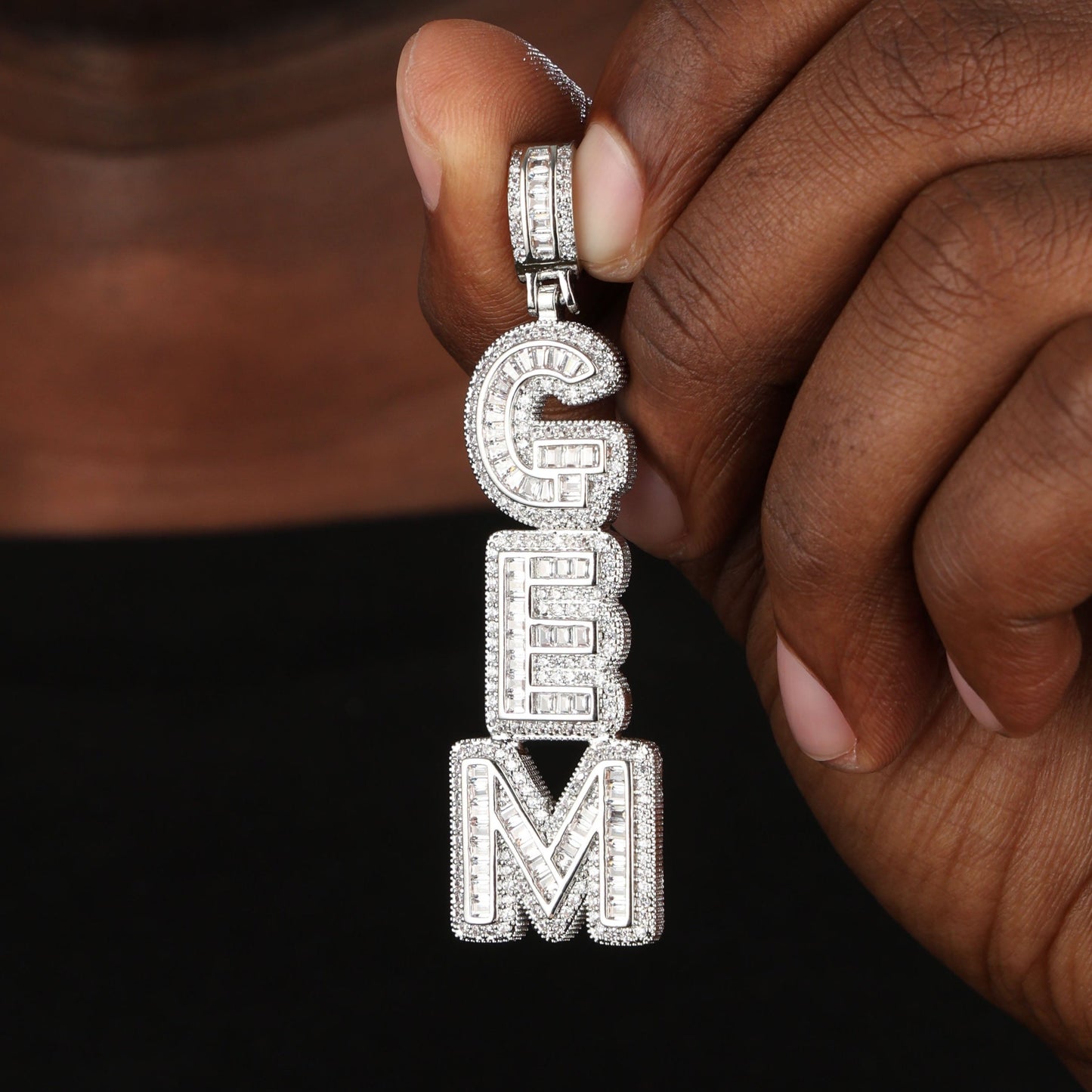 Iced Custom Baguette Letter Name Pendant White Gold