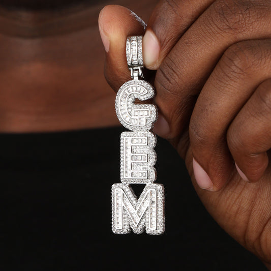 Iced Custom Baguette Letter Name Pendant White Gold