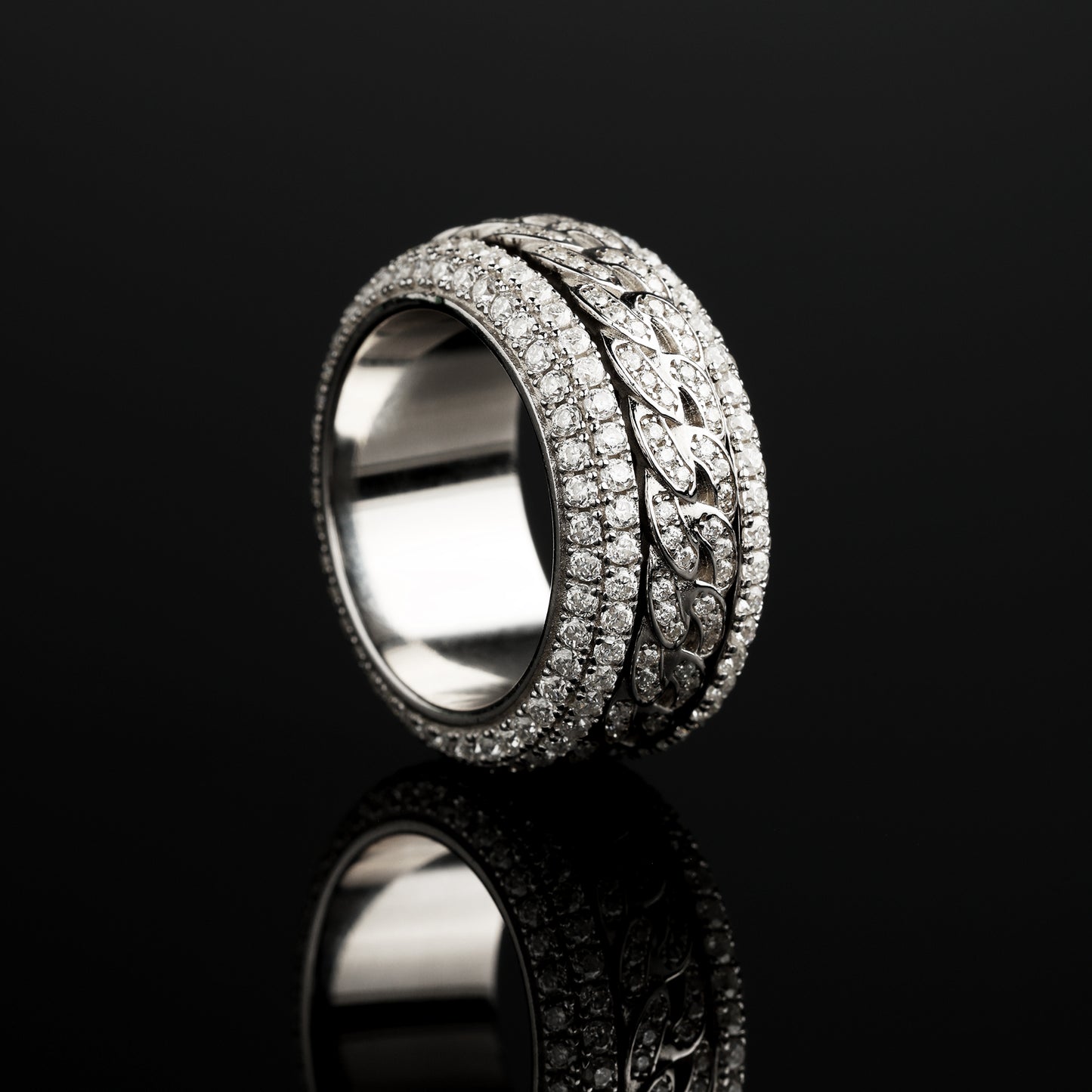925 Silver Micro Paved Moissanite Rotatable Cuban Link Ring White Gold