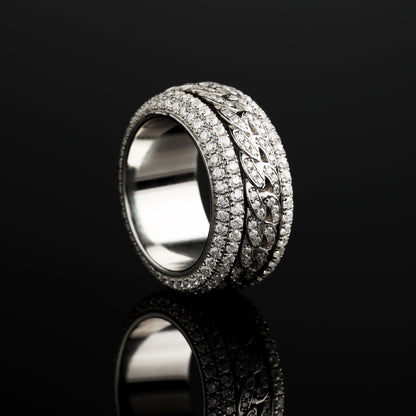 925 Silver Micro Paved Moissanite Rotatable Cuban Link Ring White Gold