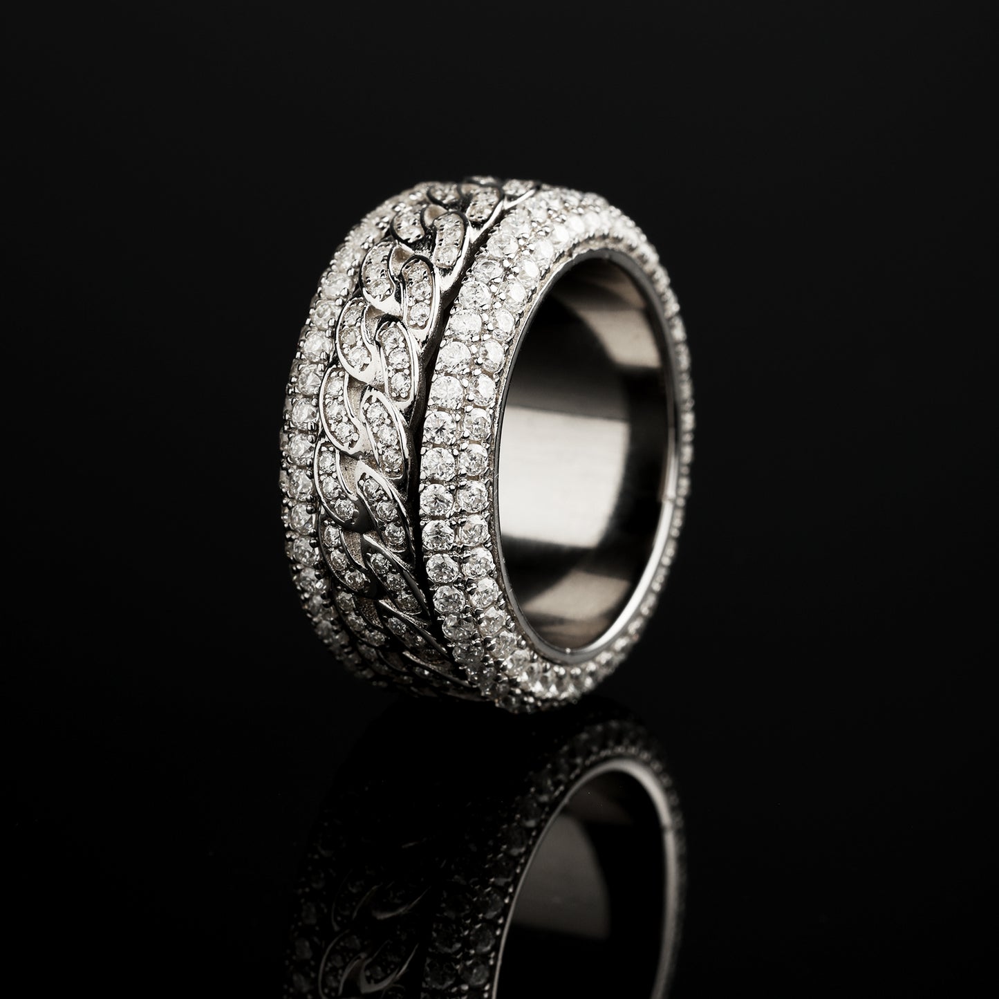 925 Silver Micro Paved Moissanite Rotatable Cuban Link Ring White Gold