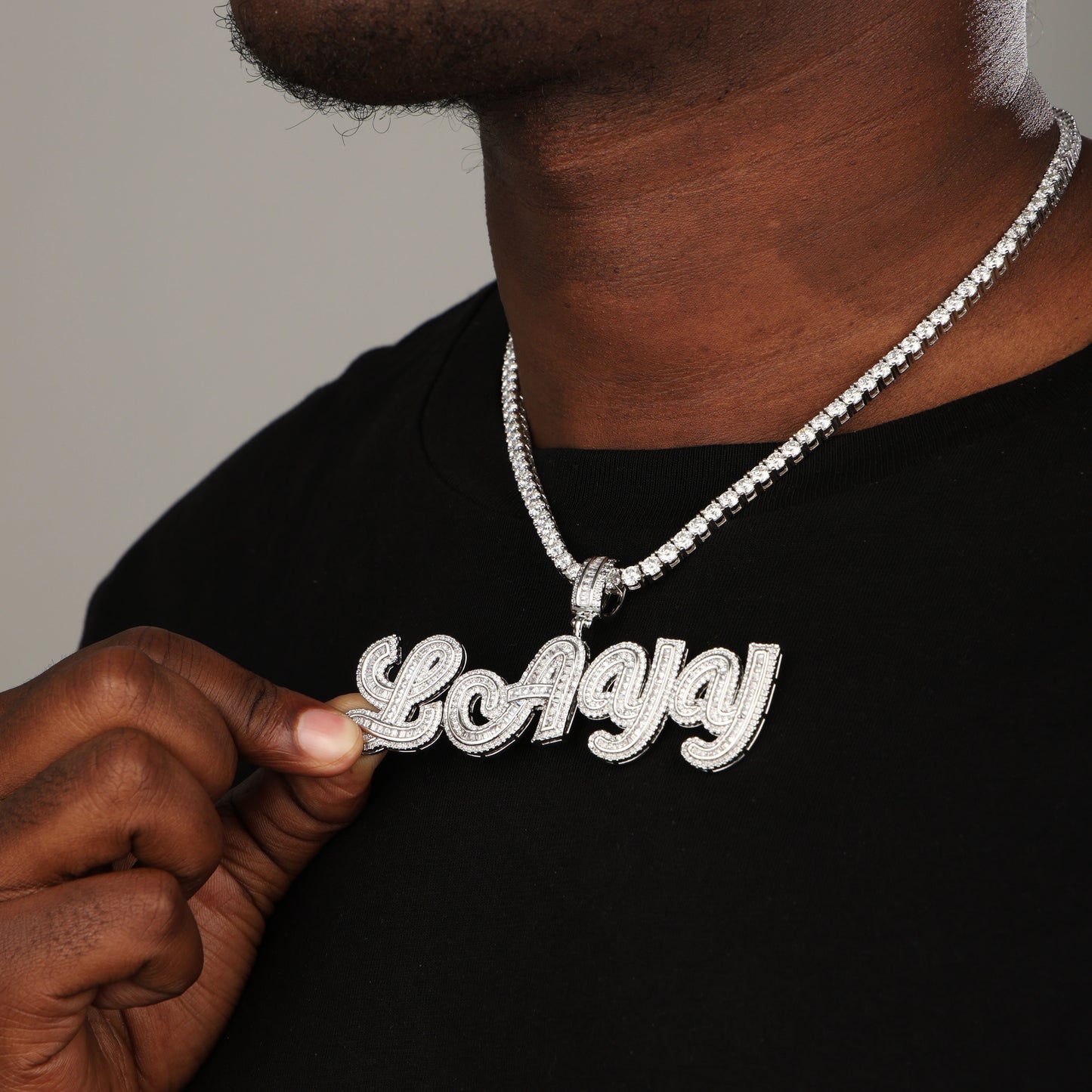Custom Mens Baguette Letter Pendant White Gold