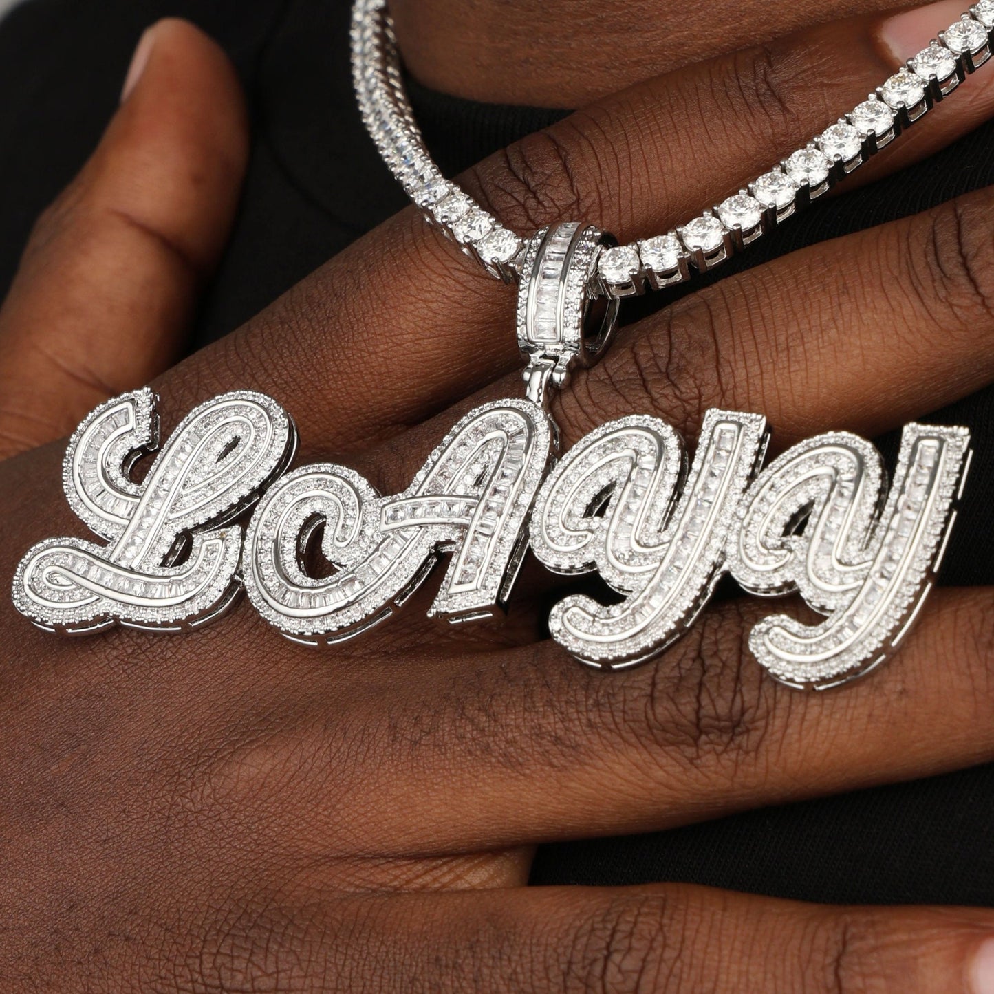 Custom Mens Baguette Letter Pendant White Gold