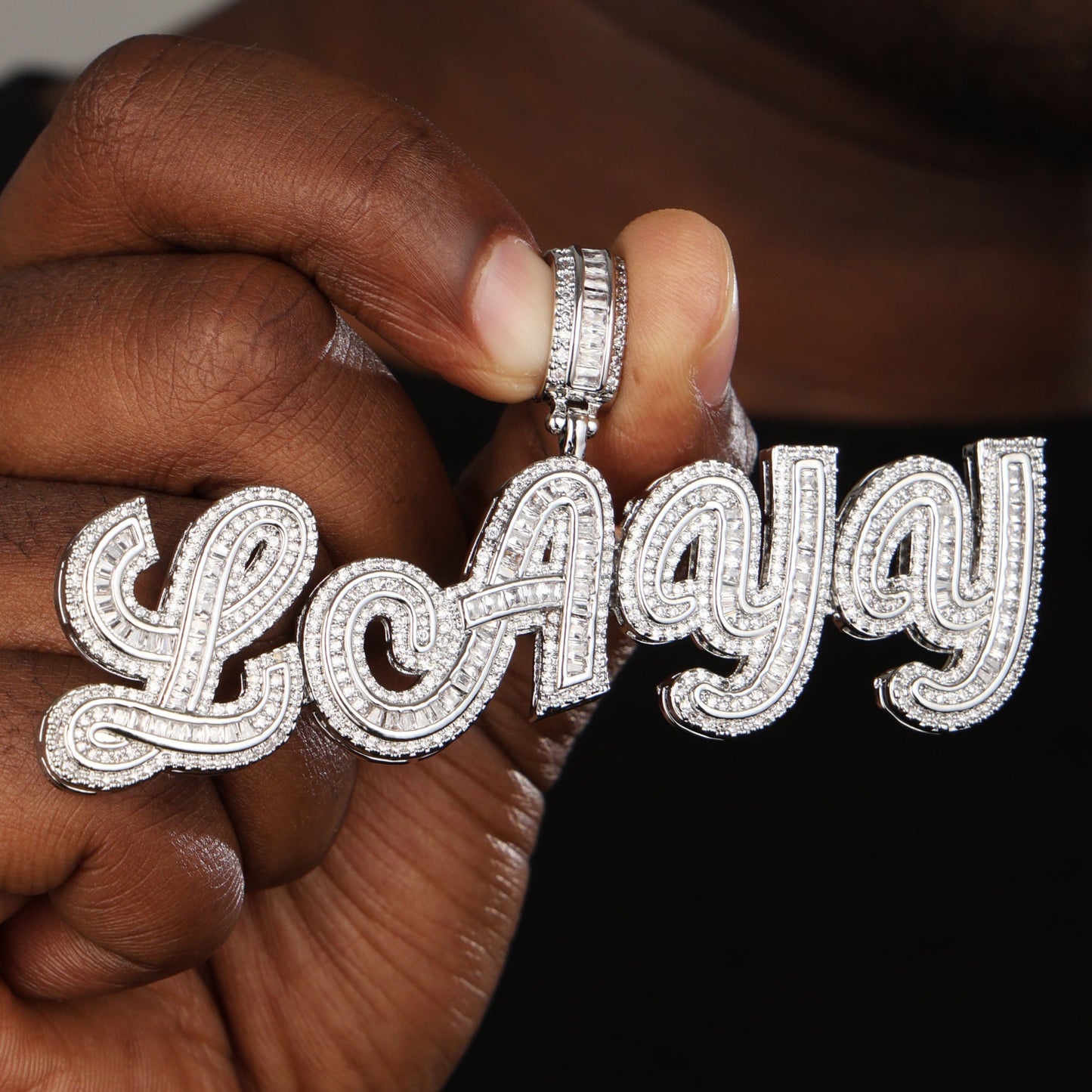 Custom Mens Baguette Letter Pendant White Gold