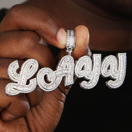 Custom Mens Baguette Letter Pendant White Gold