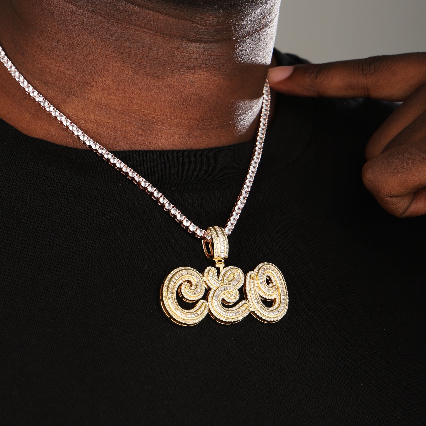 Custom Mens Baguette Letter Pendant 18K Gold