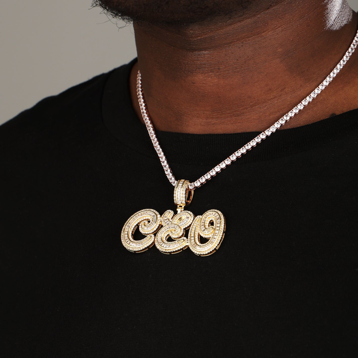 Custom Mens Baguette Letter Pendant 18K Gold