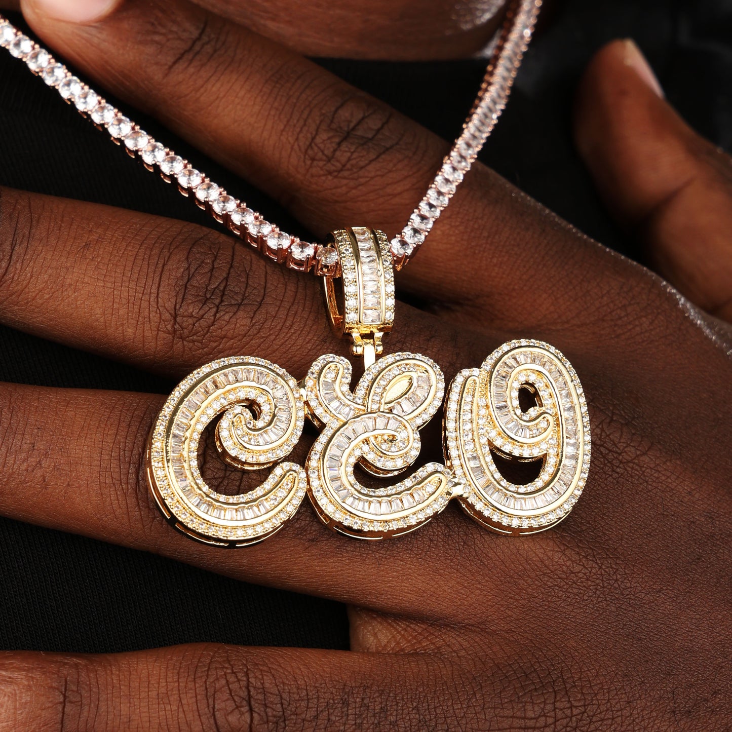 Custom Mens Baguette Letter Pendant 18K Gold