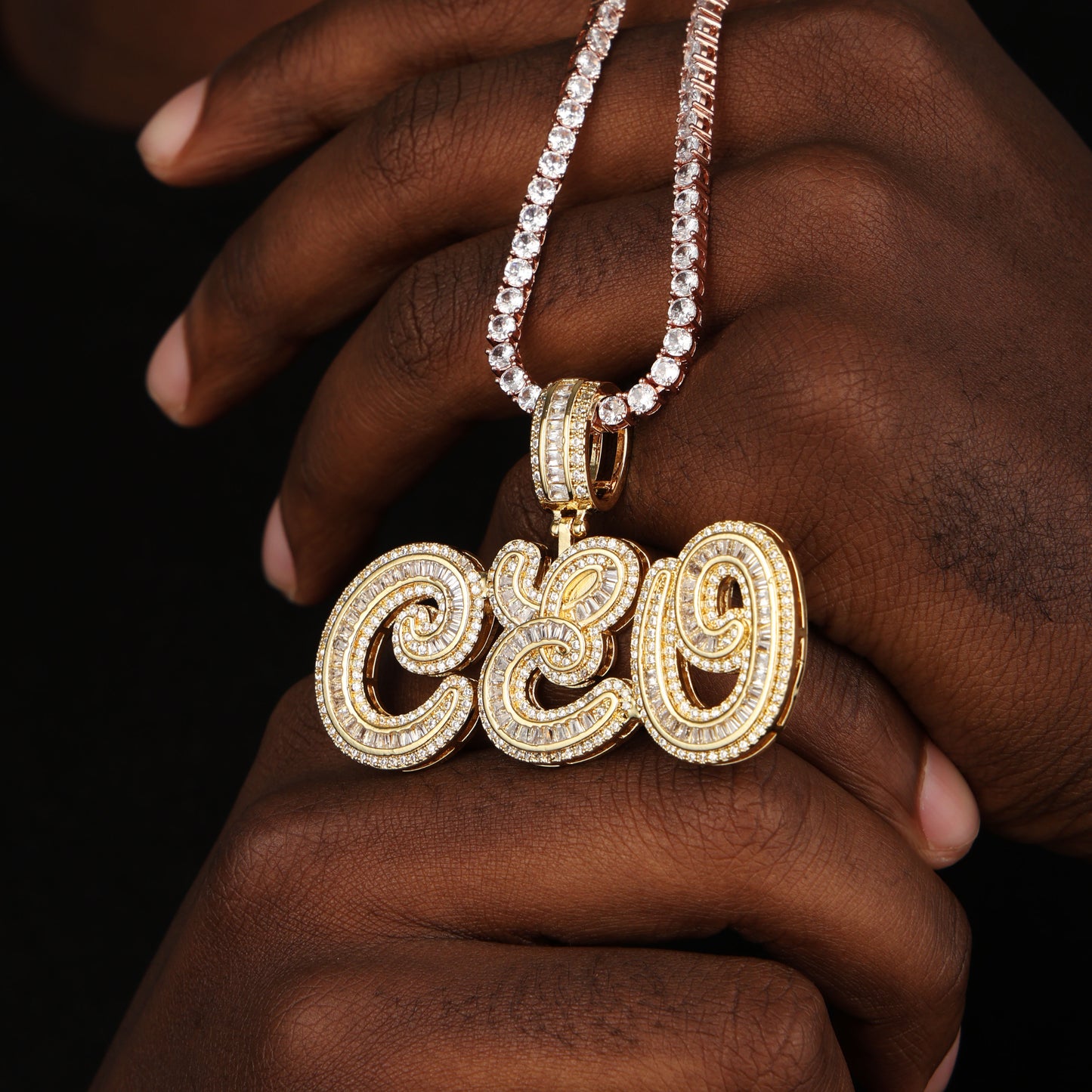Custom Mens Baguette Letter Pendant 18K Gold