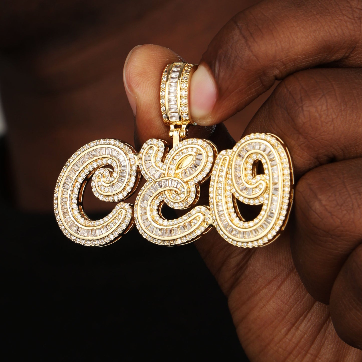 Custom Mens Baguette Letter Pendant 18K Gold