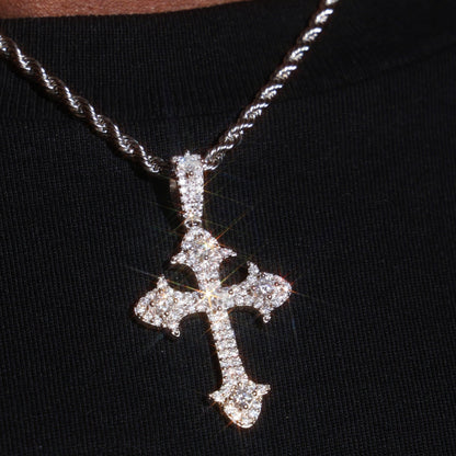 925 Silver Moissanite Fleur Cross Pendant White Gold