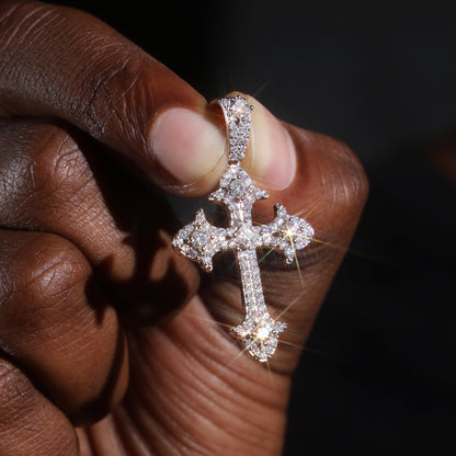 925 Silver Moissanite Fleur Cross Pendant White Gold