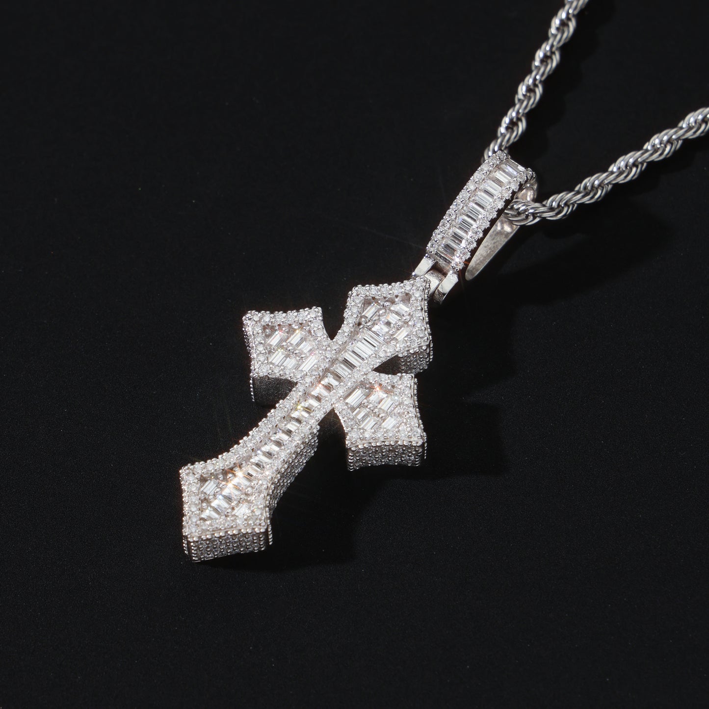 925 Silver Moissanite Baguette Cross Pendant