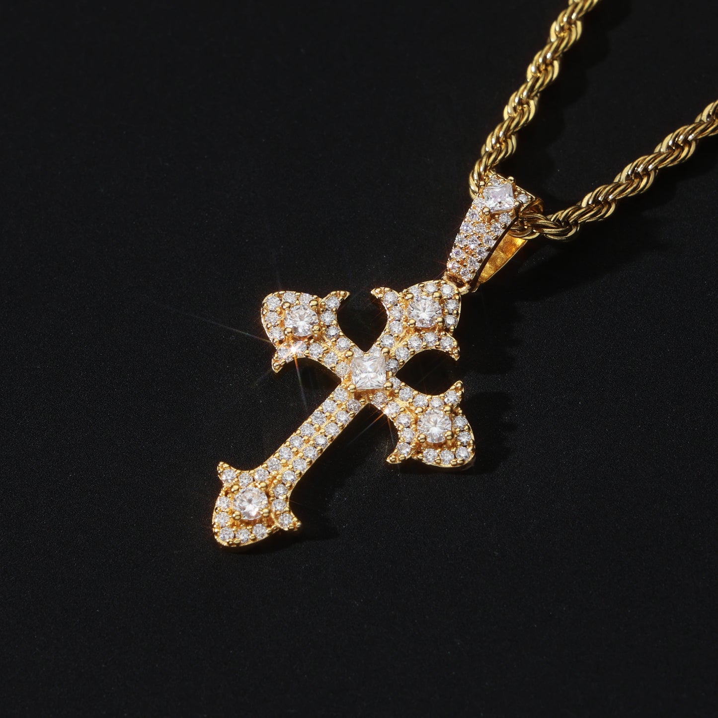 925 Silver Moissanite Fleur Cross Pendant 18K Gold