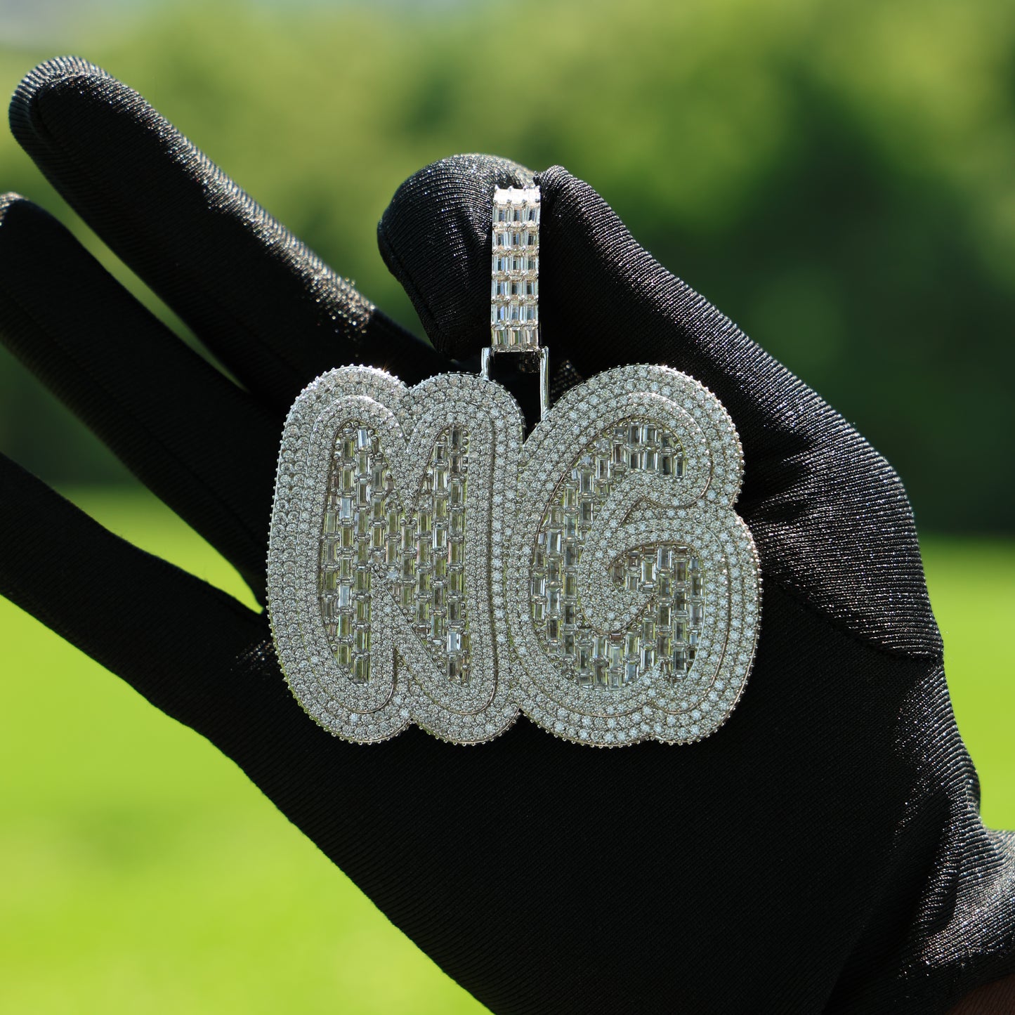 Custom Big Baguette Letter Name Pendant White Gold