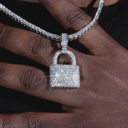 925 Silver Moissanite Padlock Pendant White Gold